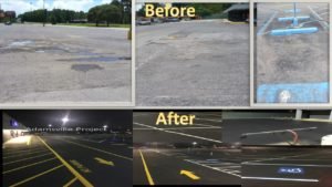 before and after photos for sealcoat, pot hole repair, striping, pavement markings, etc.